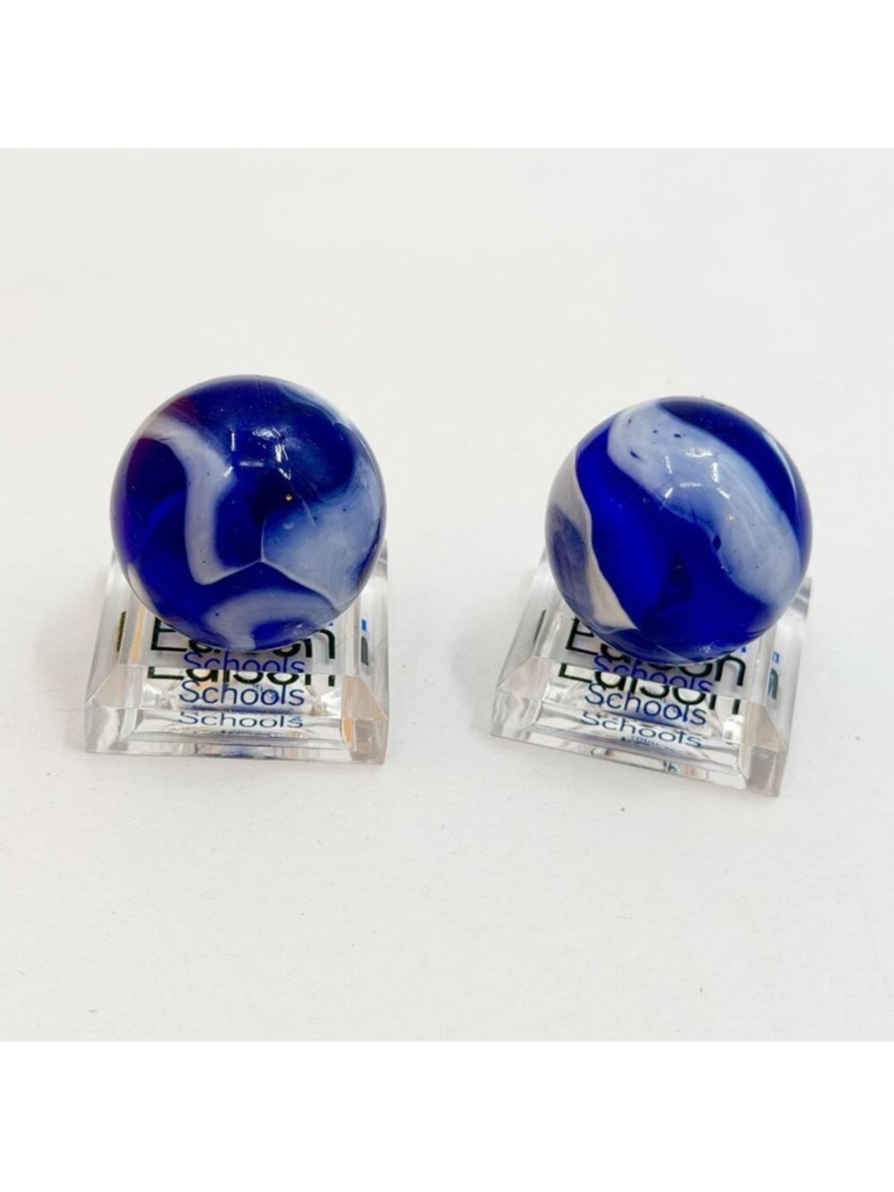 Edison Schools 2000 LARGE Cobalt Blue & White Swirls Art Glass Marbles & Display